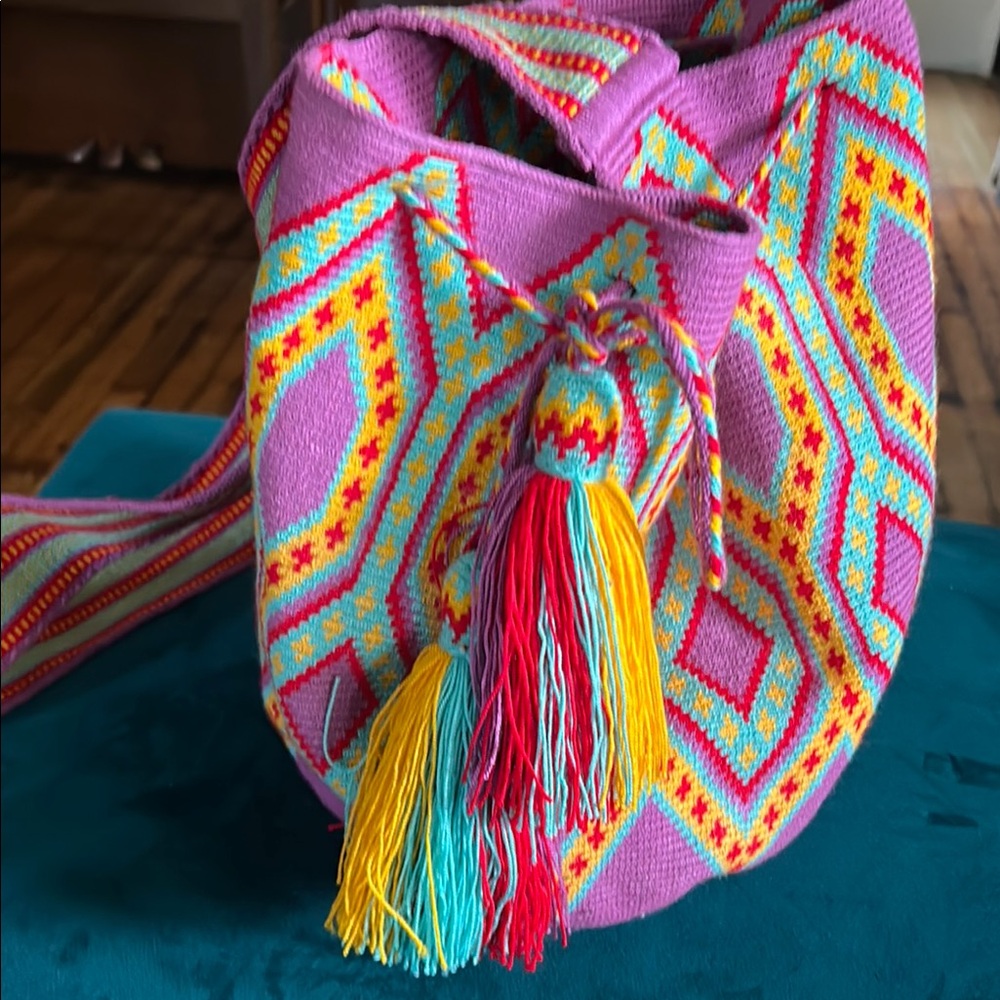 Wayuu Tribe Pink and Yellow Crossbody Bag with Geometric Patterns
